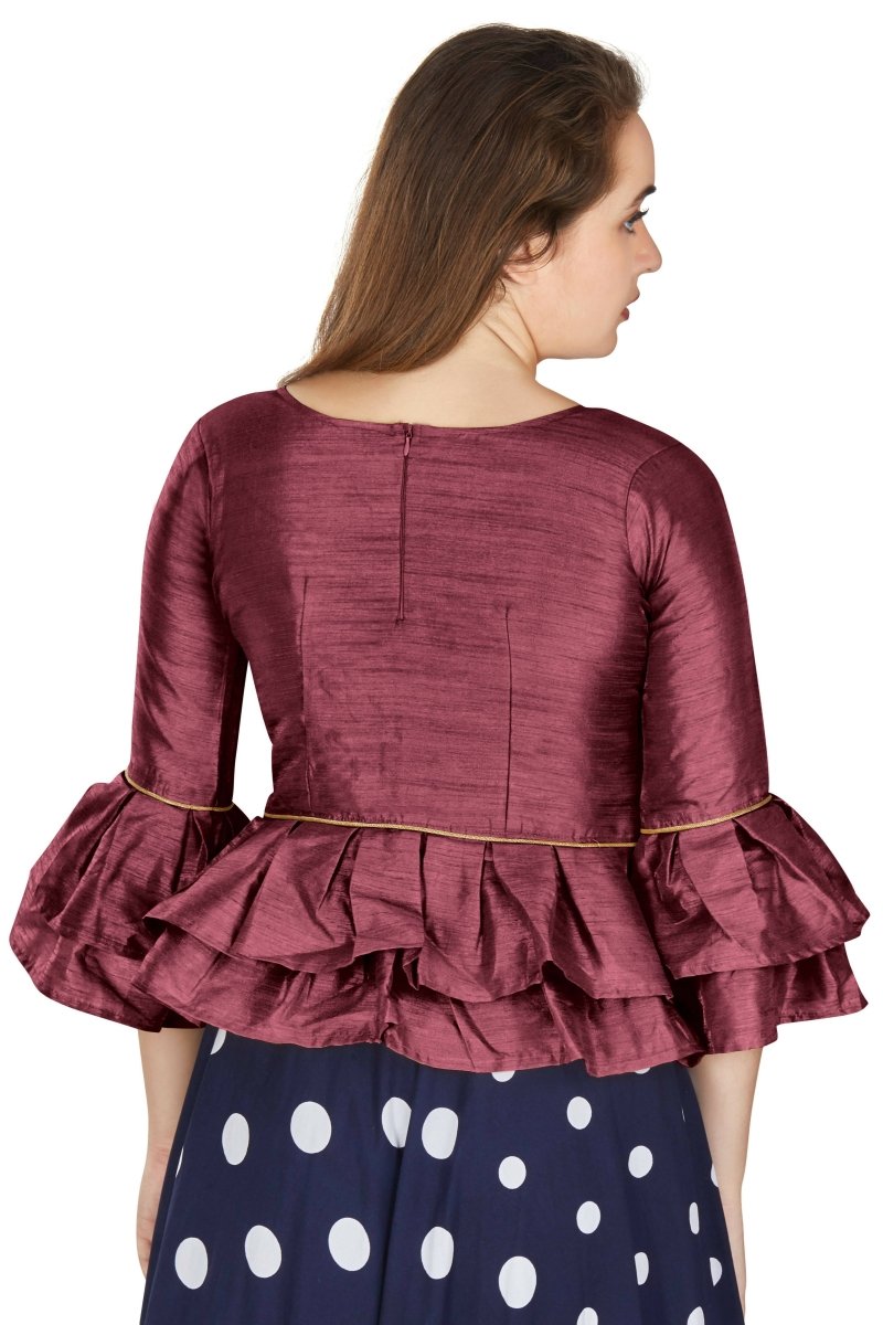 Aastha Fashion Women's Wine Art Silk Bell Sleeves attire with Poly Cotton Lining Blouse