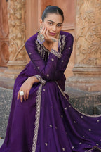 The52 Wine Women's Gorgeous Vichitra Silk Fabric Embroidered Work Flared Anarkali Pant and Dupatta Set - Distacart