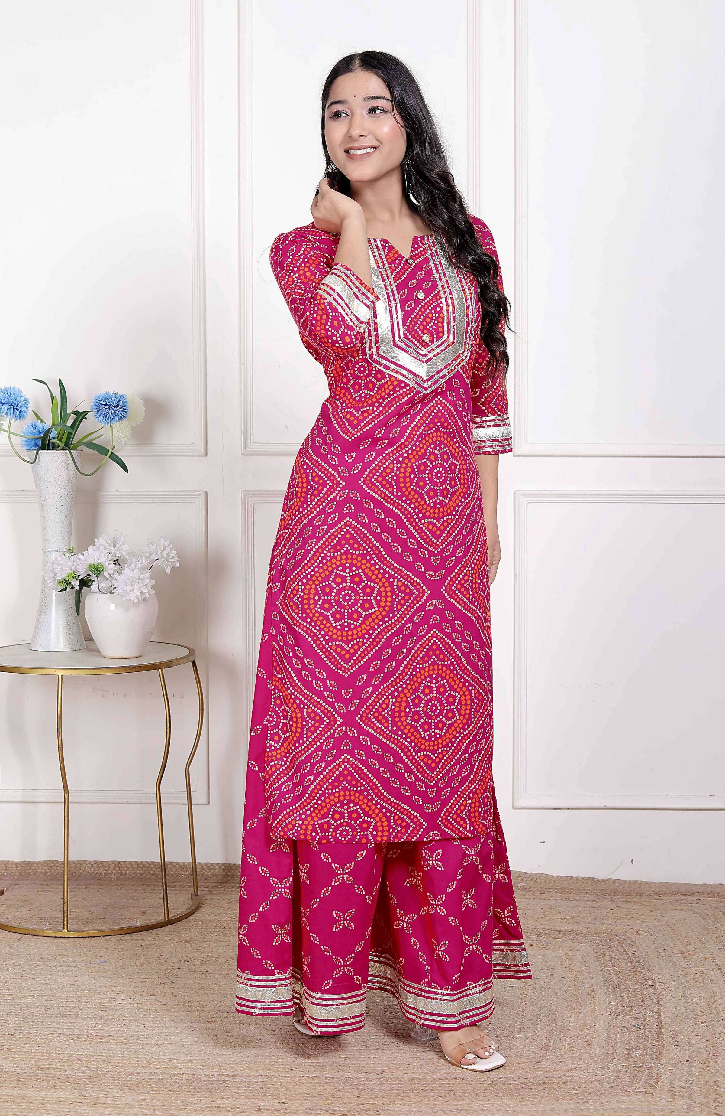 Miravan Women's Embellished Ethnic Cotton Kurta with palazzo