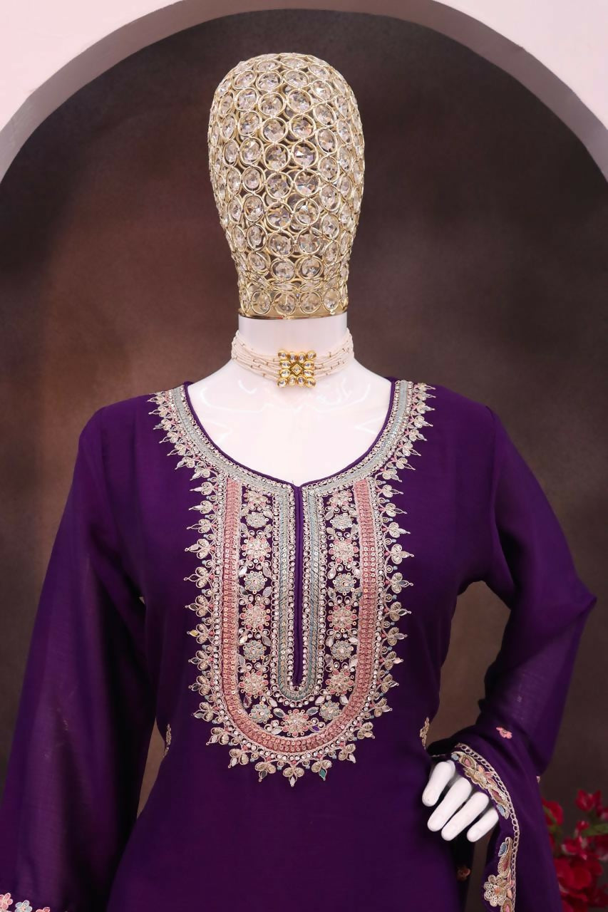 Anaita Violet Heavy Chinon Stitched Suit with Embroidery & Sequence Work - Distacart