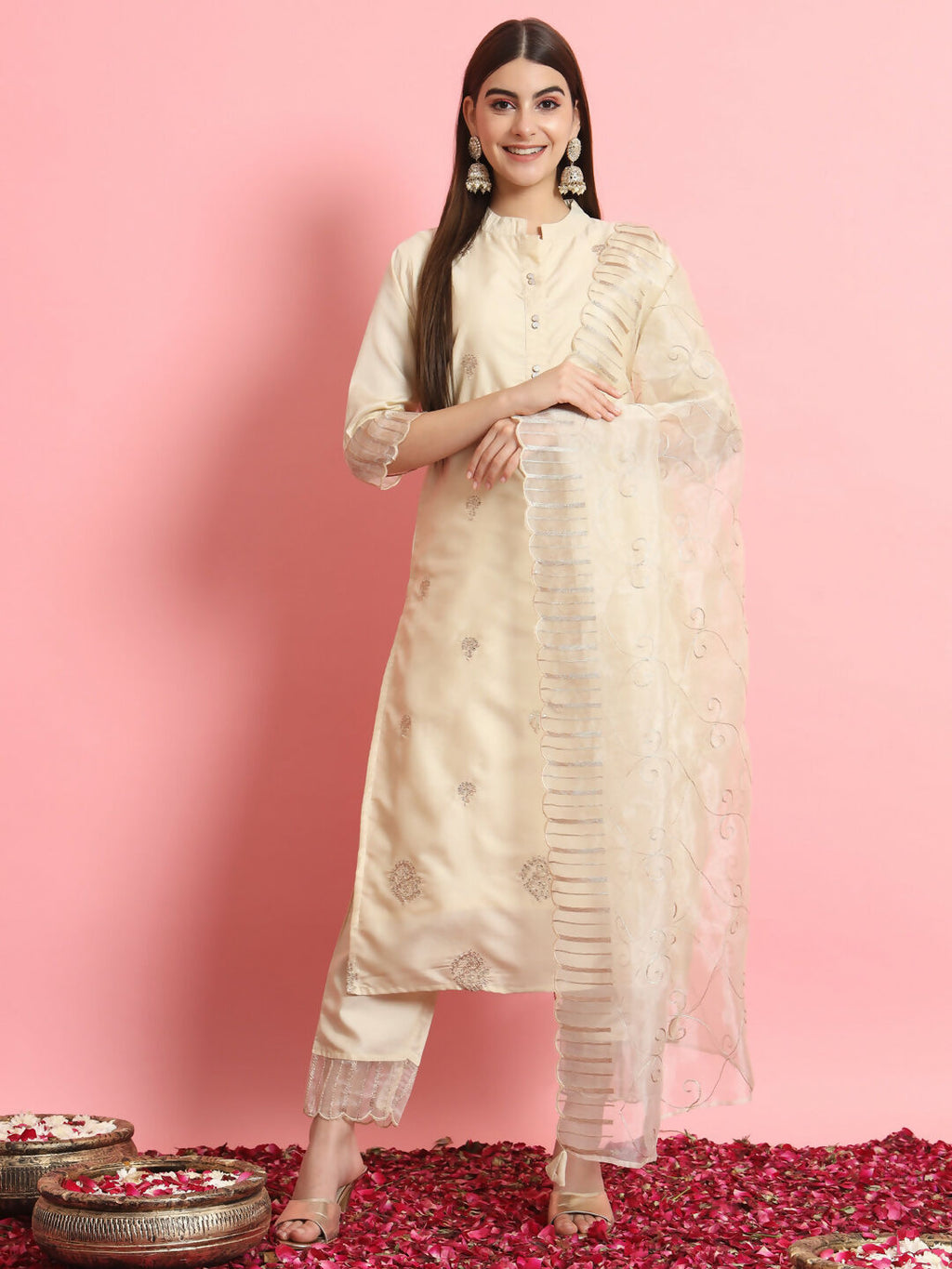 Vellora Elegant Beige Silk Blend Casual Wear Embroidered Salwar Suit