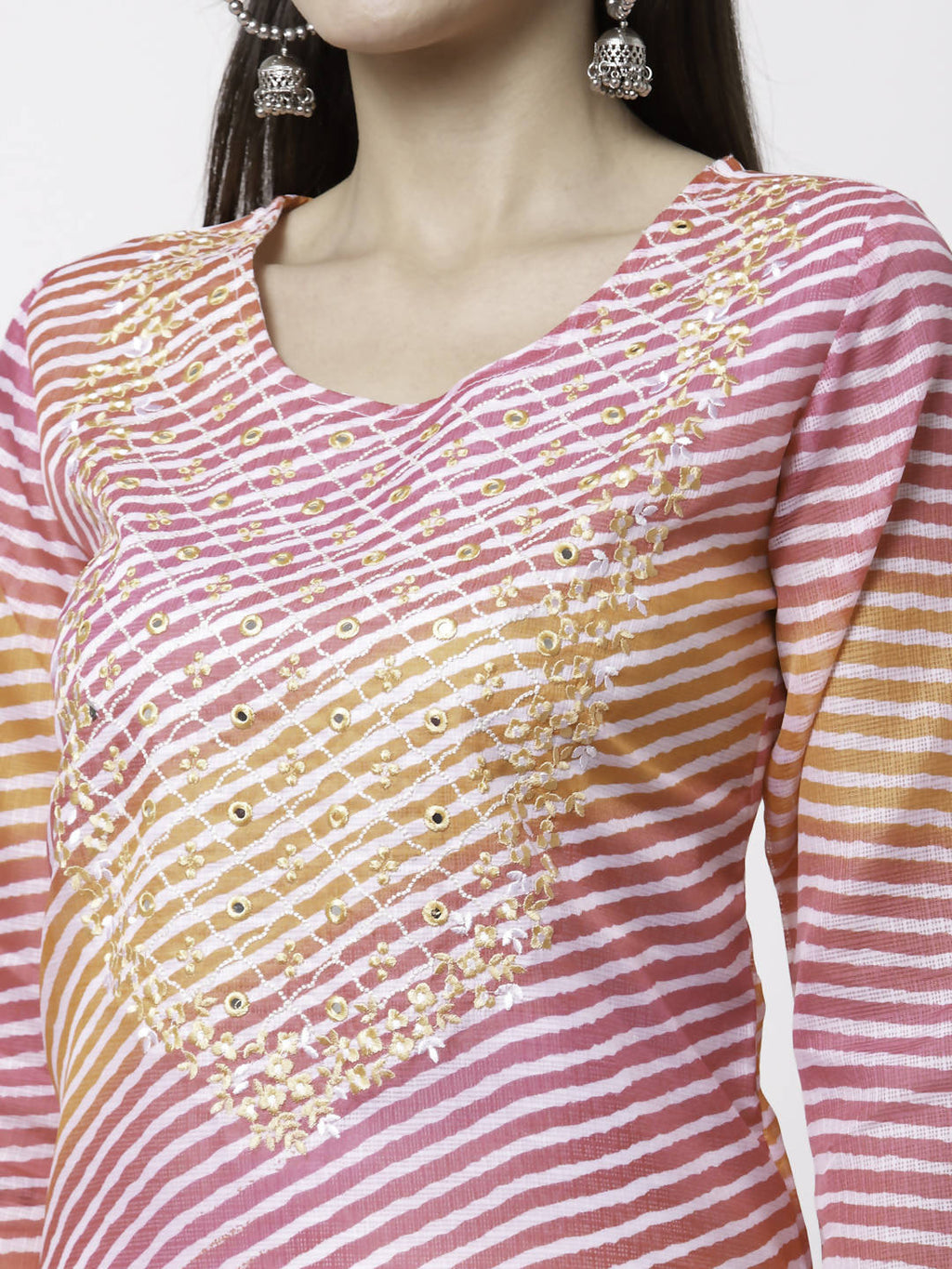 Myshka Pink Pure Cotton Printed 3/4 Sleeve Round Neck Kurta Pant Dupatta Set