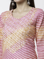 Myshka Pink Pure Cotton Printed 3/4 Sleeve Round Neck Kurta Pant Dupatta Set
