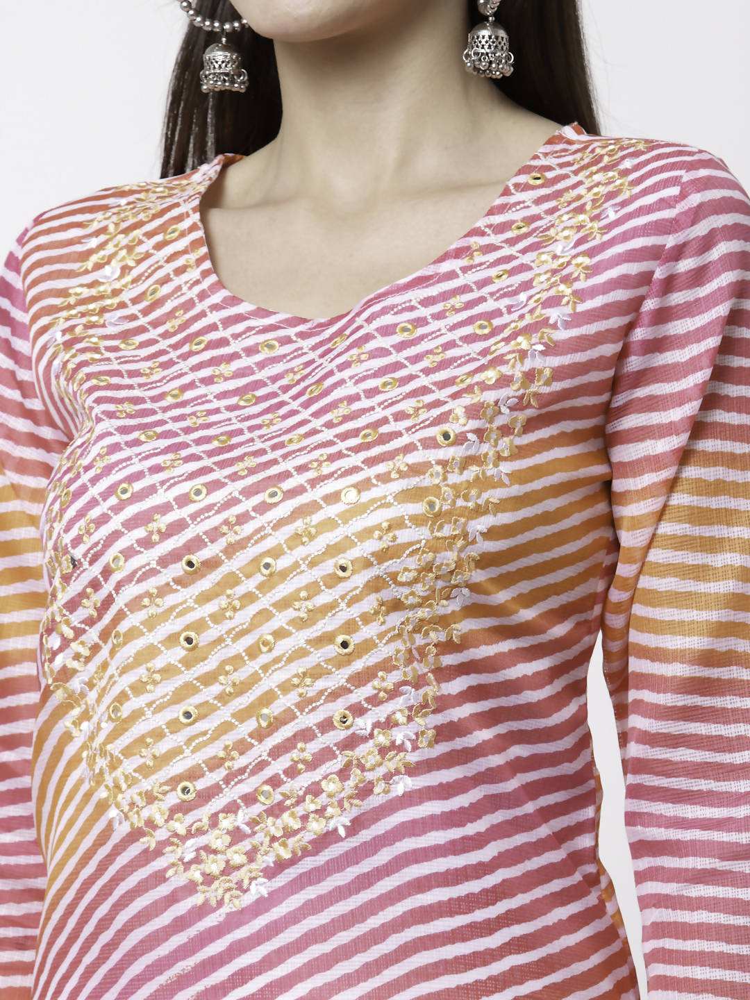 Myshka Pink Pure Cotton Printed 3/4 Sleeve Round Neck Kurta Pant Dupatta Set