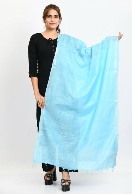 Mominos Fashion Moeza Women's Linen Cotton Silver Border Sky Blue Dupatta