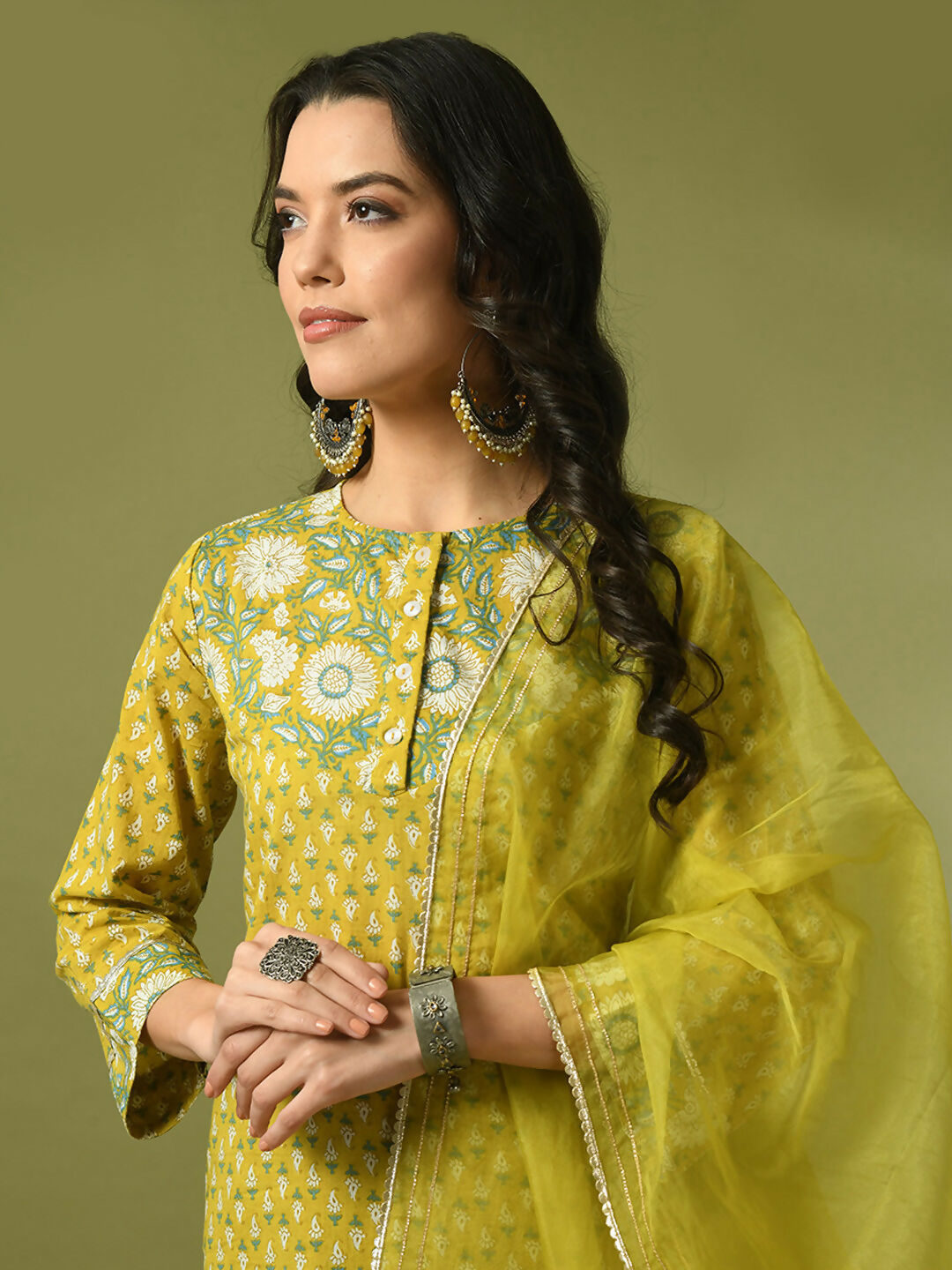 Myshka Women's Yellow Printed Cotton Straight Party Kurta Set With Dupatta