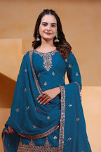 Joban Fashion Teal Silk Embroidered Sharara Set - Distacart