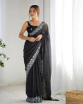 Georgette Designer Sequance Embroidery Work Party Wear Saree - Black