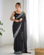 Georgette Designer Sequance Embroidery Work Party Wear Saree - Black