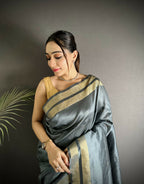 Joban Fashion Dark Grey Woven Pattern Raw Silk Kanjivaram Silk Saree - Distacart