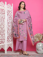 Jyoti Fashion Women's Purple Muslin Floral Print with Jari & Crystal work Kurta with Trouser & Dupatta