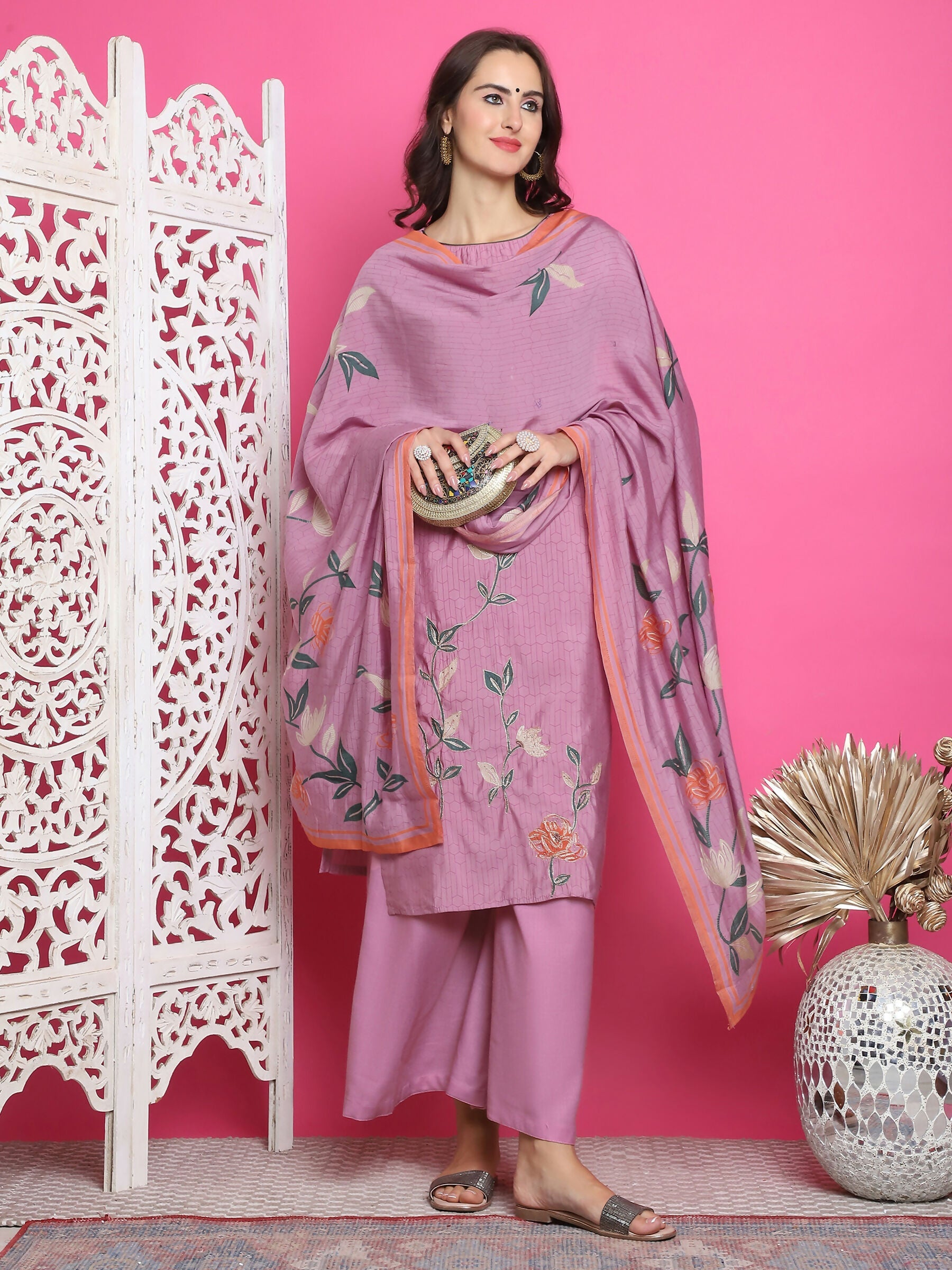 Jyoti Fashion Women's Purple Muslin Floral Print with Jari & Crystal work Kurta with Trouser & Dupatta