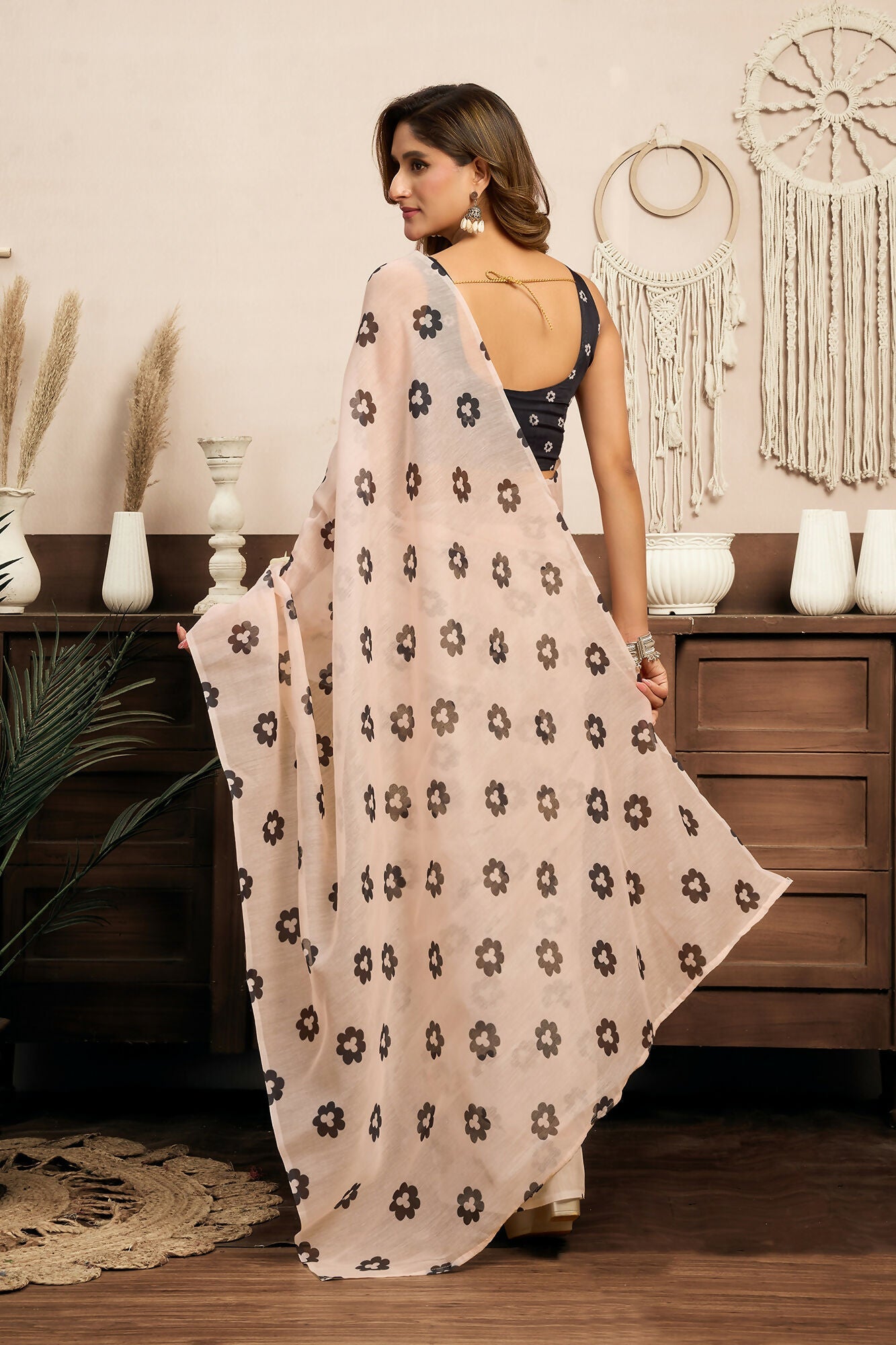 Vastranavya Cream Digital Printed Linen Ready To Wear Designer Saree with Unstitched Blouse - Distacart