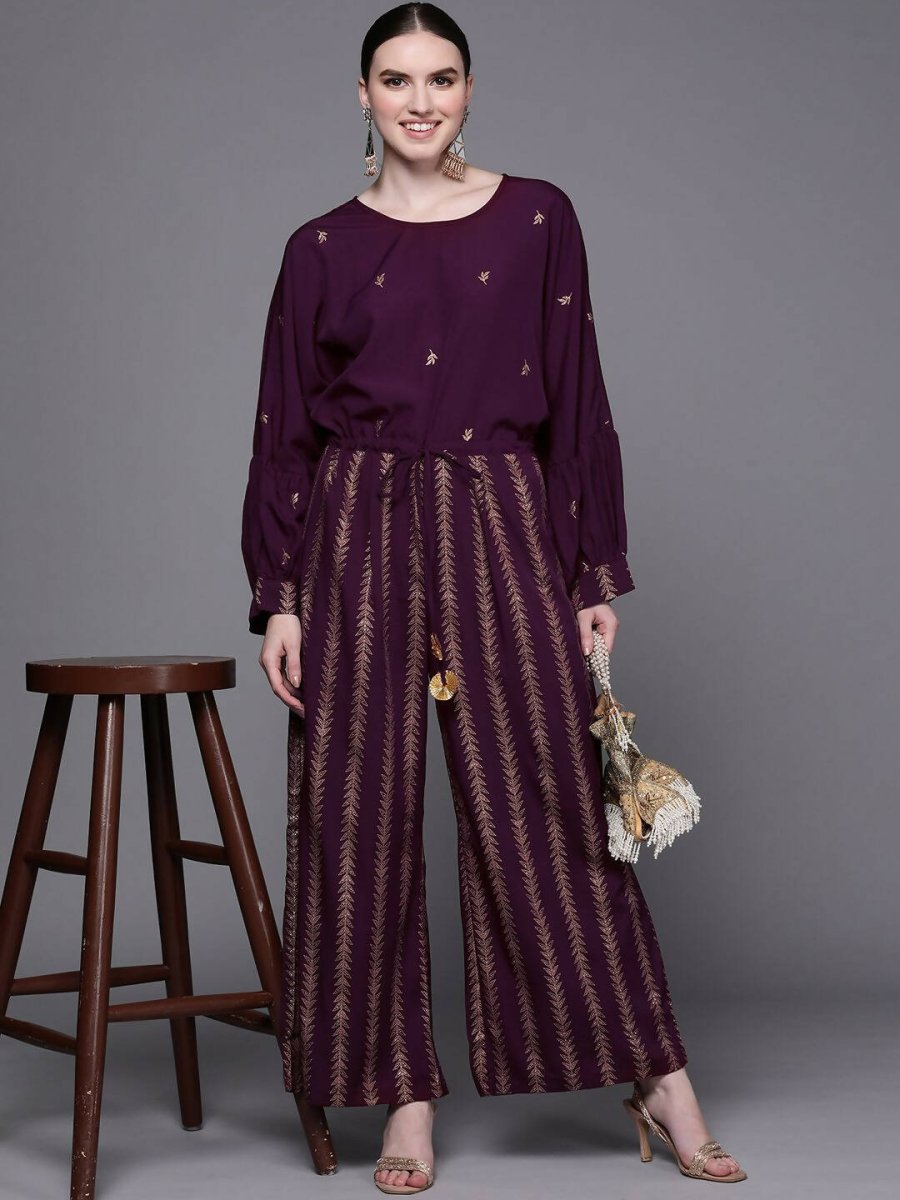 Ahalyaa Purple & Golden Printed Basic Jumpsuit - Distacart