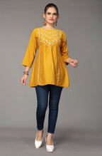 Women's Mustard Viscose blend Embroidered Short Top - Marina