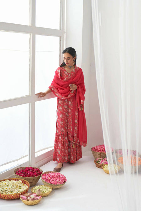 Designer Stylish Red Muslin Stitched Suit With Dupatta - Anbazaar
