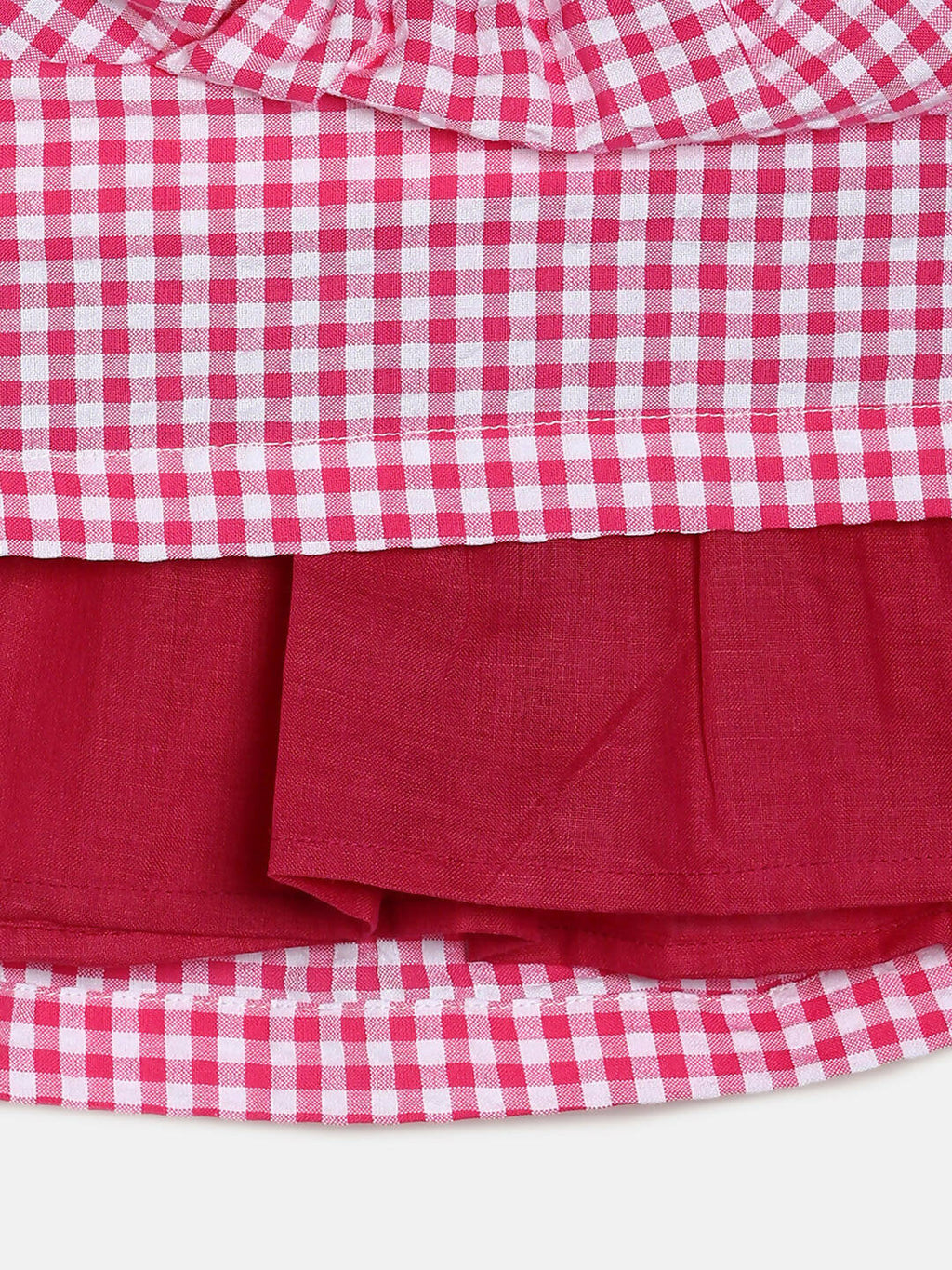 Manet Girls Cotton V Neck Frill Frock Checked Printed - Pink