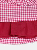 Manet Girls Cotton V Neck Frill Frock Checked Printed - Pink