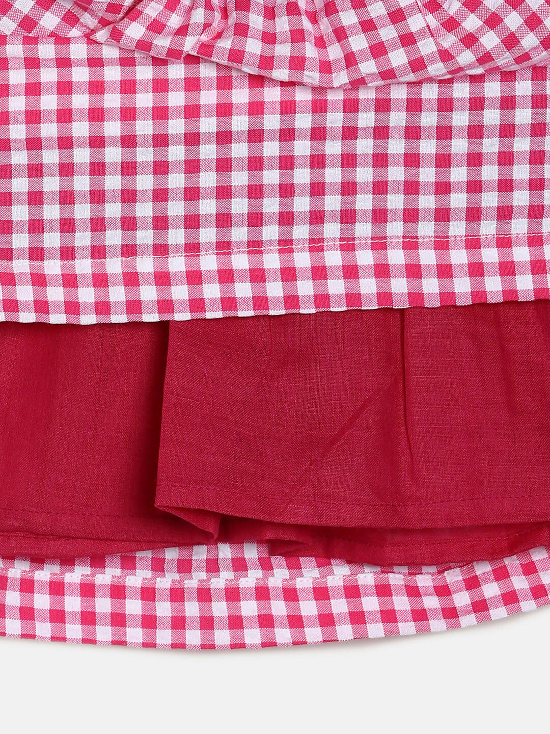 Manet Girls Cotton V Neck Frill Frock Checked Printed - Pink
