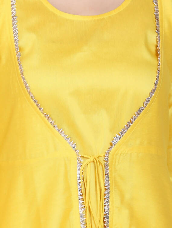 Cheera Women's Yellow Silk Blend With Gota Work Double Layer Dress With Silk Straight Pant Set