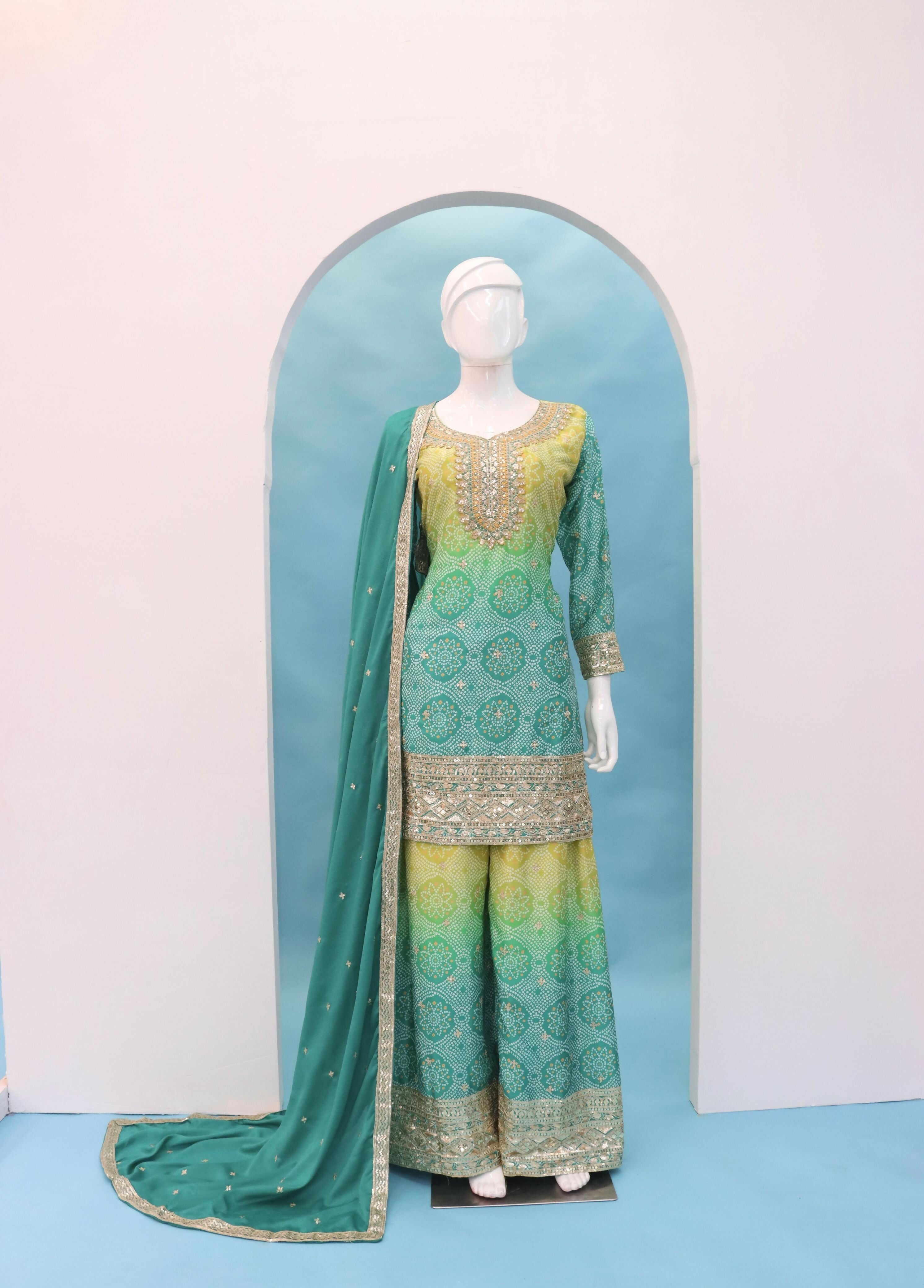 Anaita Green Digital print with Embroidered Silk Stitched Plazo Suit - Distacart