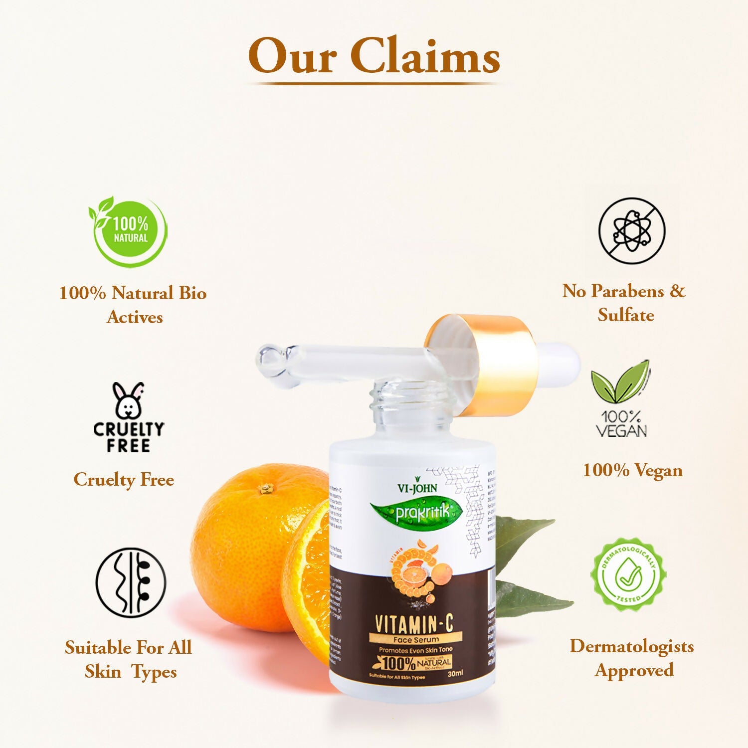 VI-JOHN Prakritik Vitamin C Face Serum Brightening, Anti-Aging & Glowing Skin, 100% Bio-Actives - Distacart
