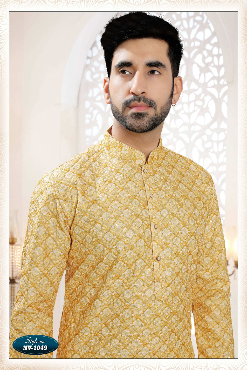 Joban Fashion Men's Yellow Straight Silk Thread Embroidery All Over Kurta Set