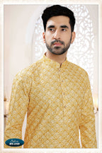 Joban Fashion Men's Yellow Straight Silk Thread Embroidery All Over Kurta Set
