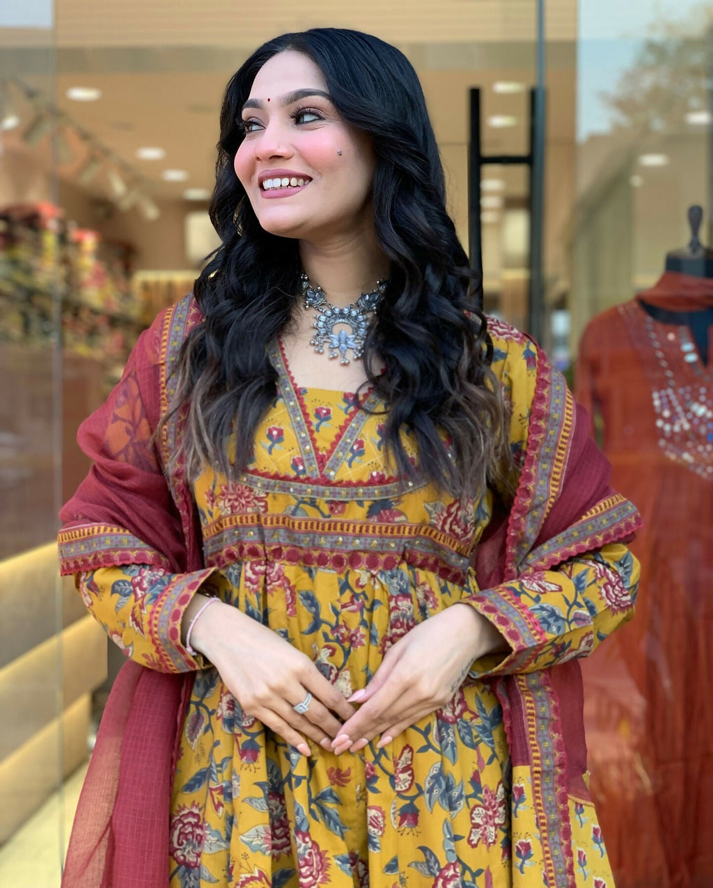 The52 Women's Beautiful Cotton Fabric Printed Work Flared Kurta Palazzo and Dupatta Set - Distacart