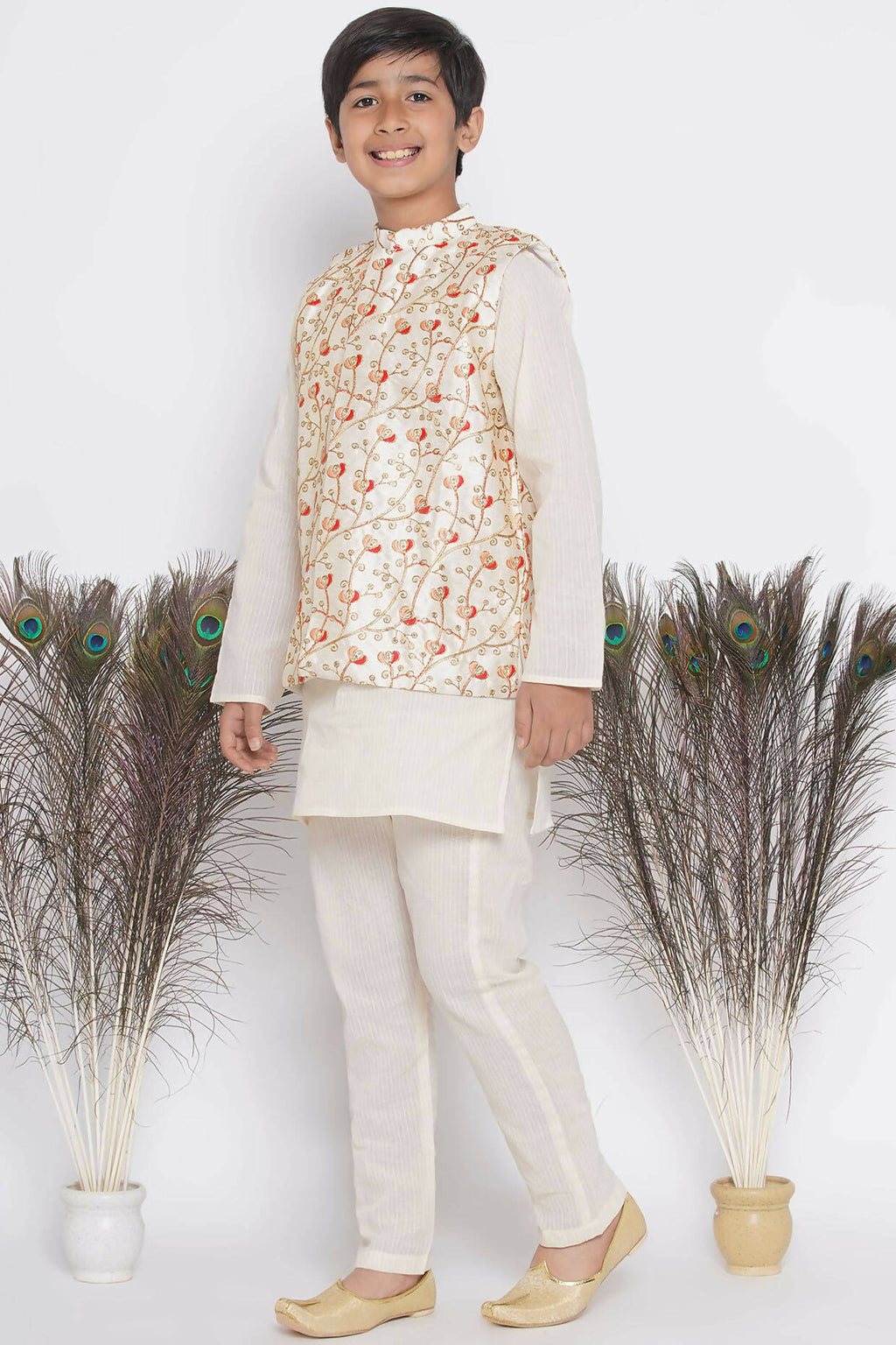 Little Bansi Banarsi Red Tulip Embroidery Jacket with Cotton Kantha kurta and Kantha Pyjama - Cream