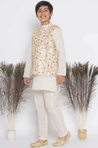 Little Bansi Banarsi Red Tulip Embroidery Jacket with Cotton Kantha kurta and Kantha Pyjama - Cream