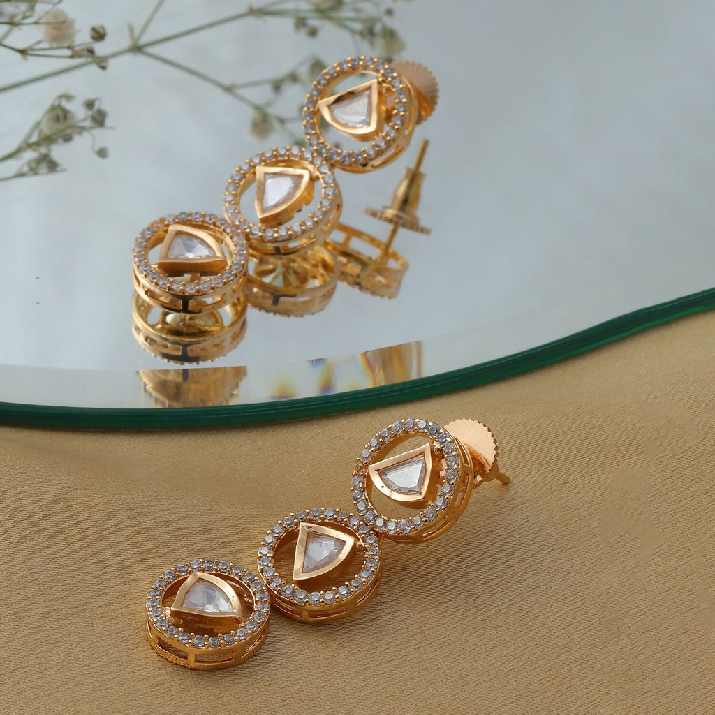 3 Tier Round Diamond and Kundan Earrings (Gold) - Ruby Raang - Distacart