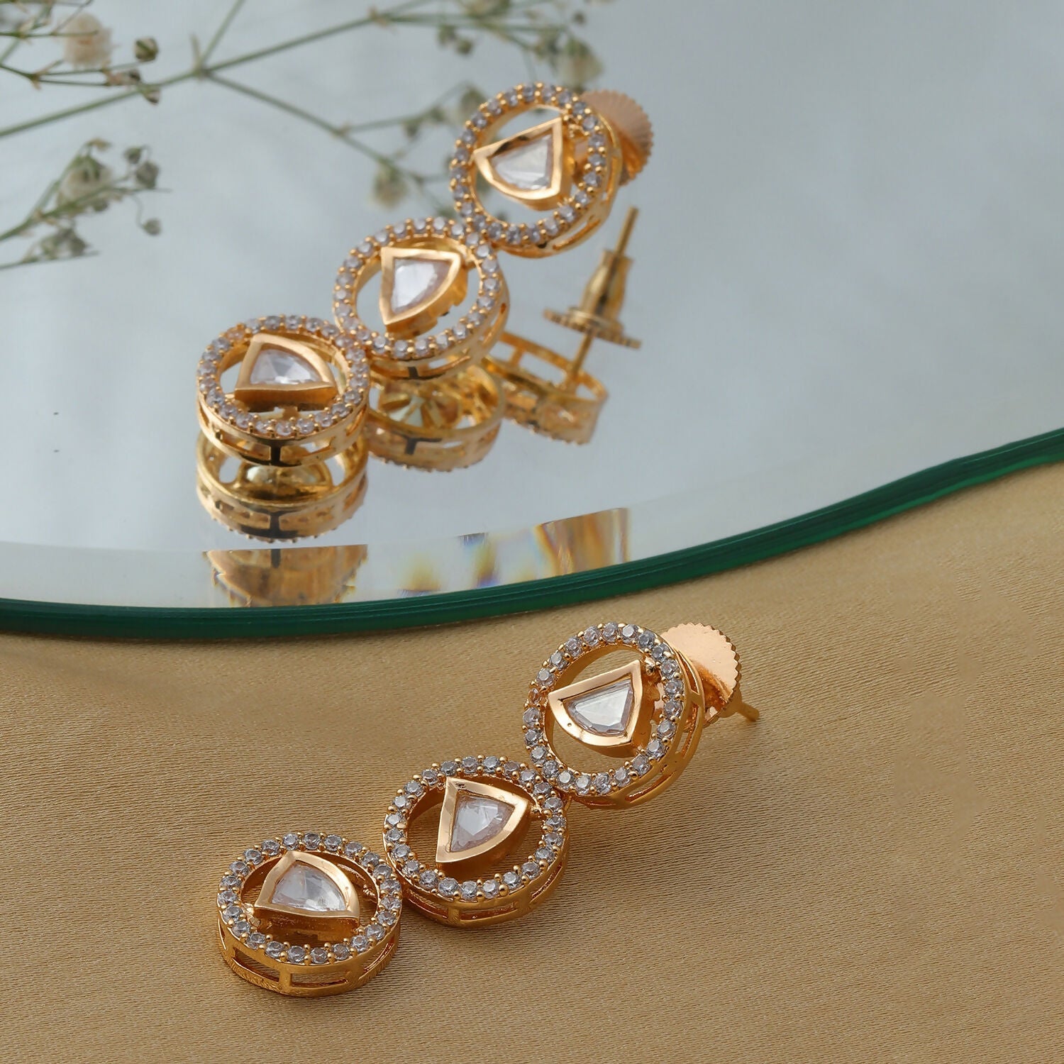 3 Tier Round Diamond and Kundan Earrings (Gold) - Ruby Raang - Distacart