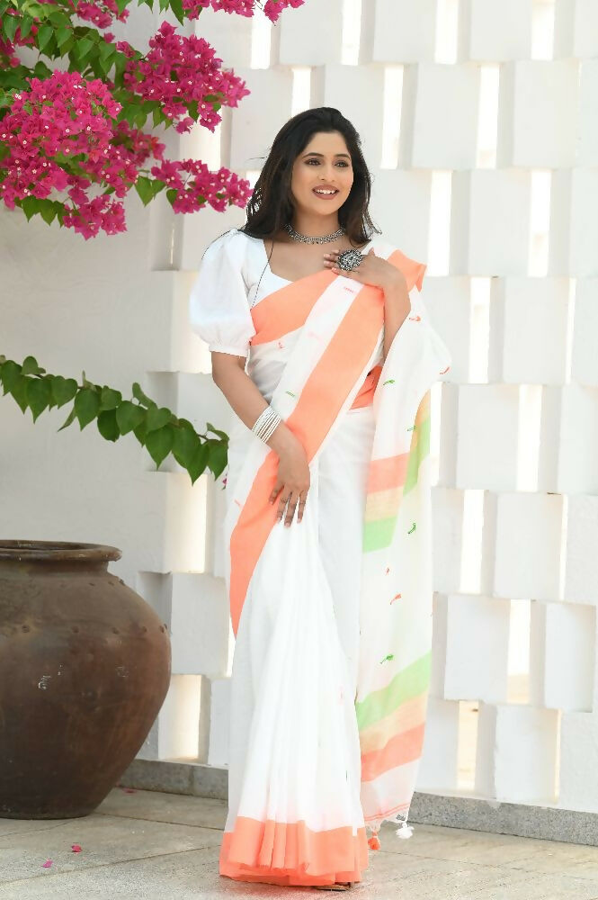 Beatitude White Cotton Handloom Saree