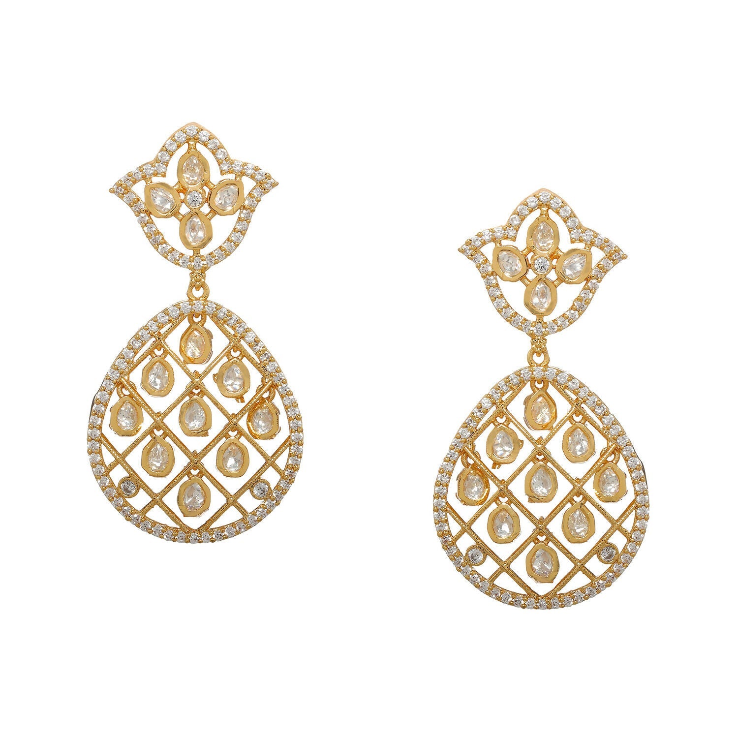 Jhallar Kundan and Diamond Dangler Earrings (Gold) - Ruby Raang - Distacart