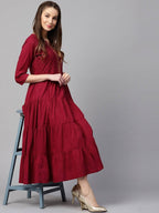 Yufta Women Maroon Embroidered Tiered Anarkali Kurta