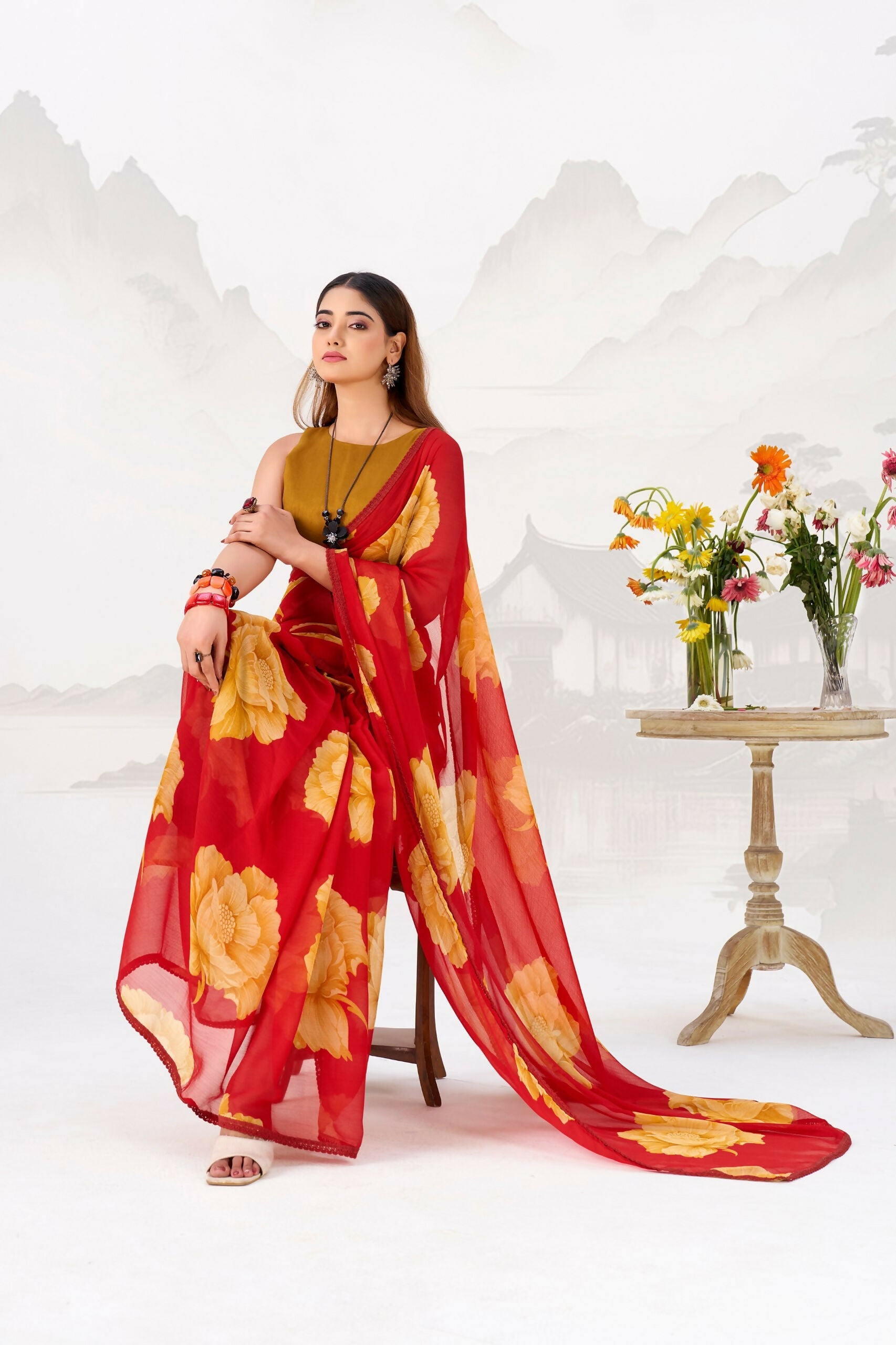 Vastranavya Red Floral Print with Lace Border work Chiffon Saree & Unstitched Blouse - Distacart