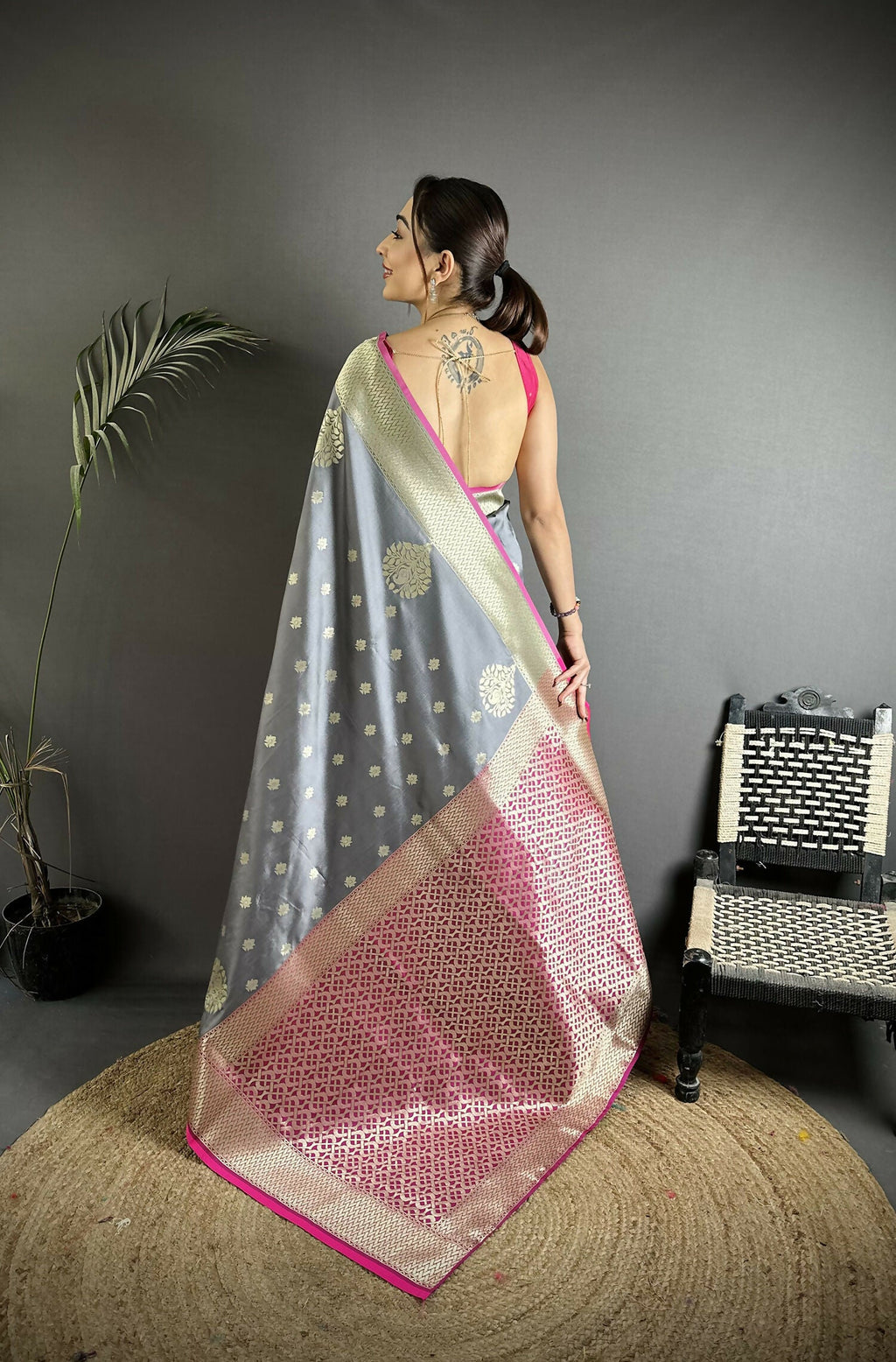 Joban Fashion Grey Woven Butti Soft Silk Banarasi Silk Saree - Distacart