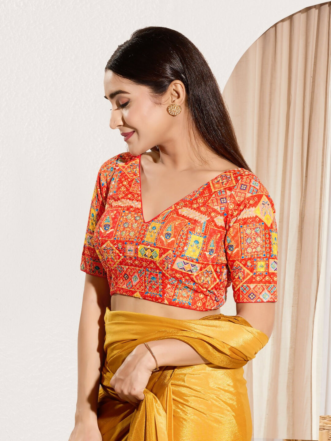 Joban Fashion Orange Viscose Rayon Padded Blouse With V Neck Elbow Sleeves - Distacart