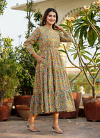 Kaajh Women's Yellow Floral Handblock Print Cotton Dress - Distacart