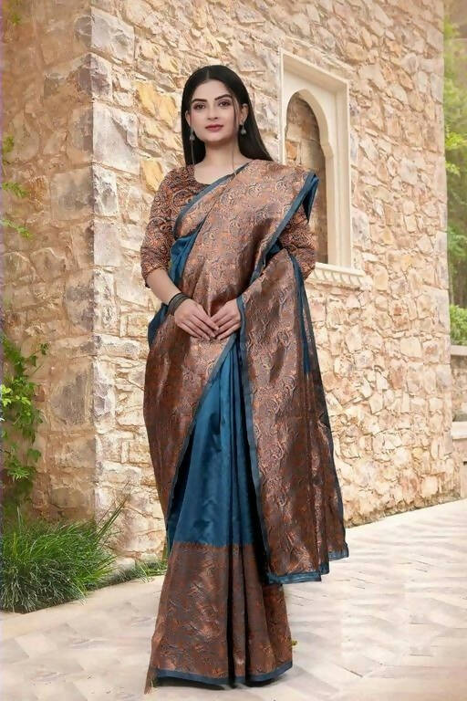 DEIANA'S Beautiful Designer Golden zari Soft Lichi Silk Saree - Teal