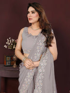 PR Fashion Grey Georgette Embroidery Work With Embroidery Work Blouse Saree