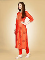 Jyoti Fashion Women's Orange Viscose Rayon Embroidered Kurta Pant Set