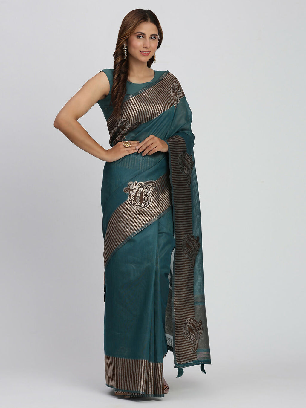 Shree Shyam Fashion Linen Cotton Sea Green Saree - Distacart