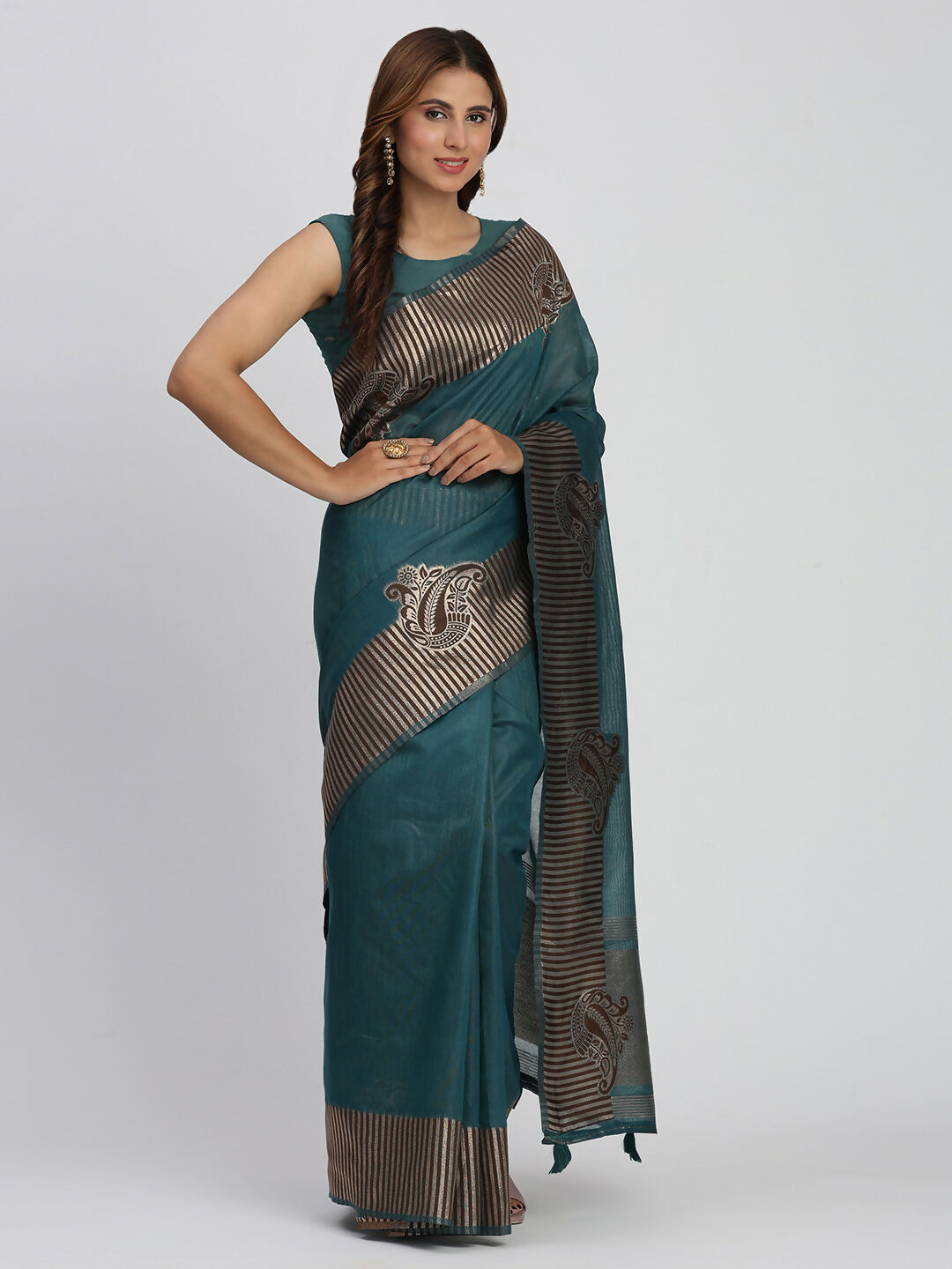 Shree Shyam Fashion Linen Cotton Sea Green Saree - Distacart