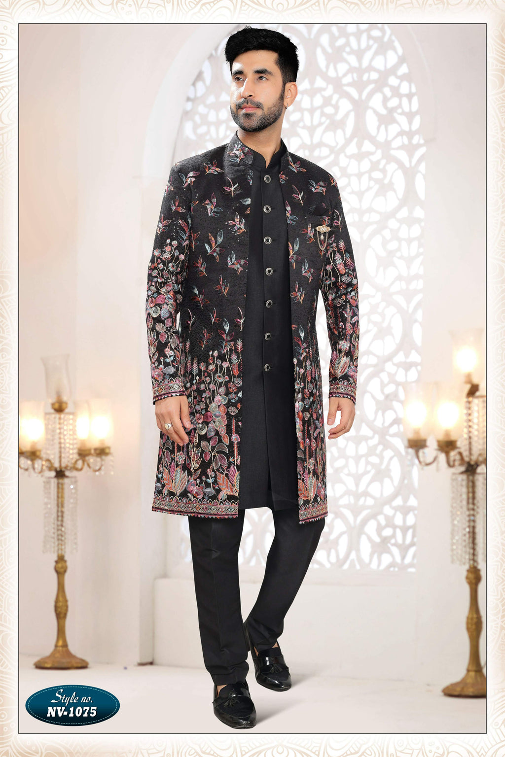 Joban Fashion Men's Black Straight Silk Thread And Sequence Embroidery All Over 3 Pc Kurta Set