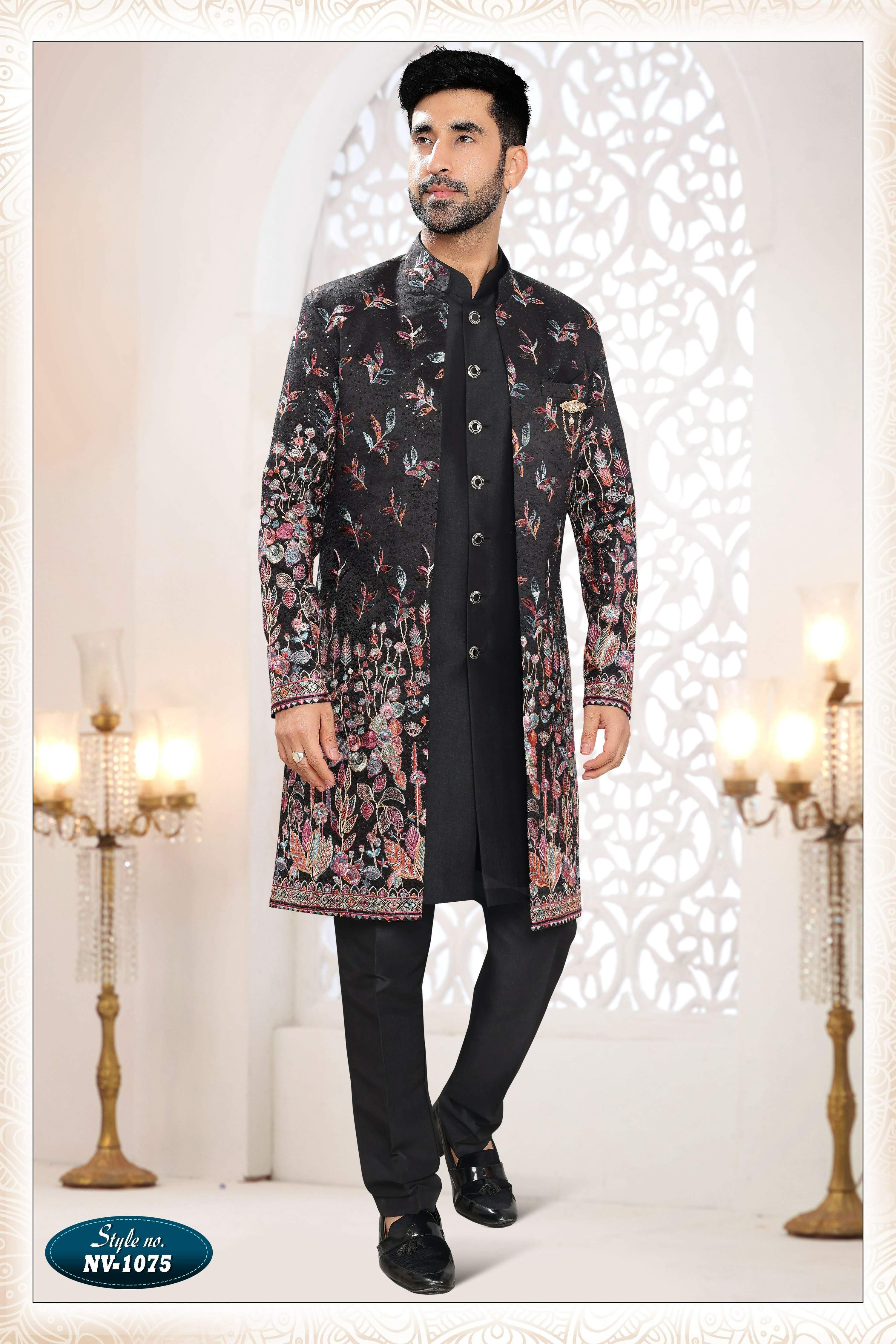 Joban Fashion Men's Black Straight Silk Thread And Sequence Embroidery All Over 3 Pc Kurta Set