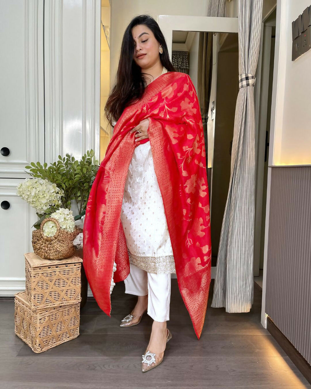 The52 White Women's Beautiful Chanderi Jacquard Fabric Embroidered Work Straight Kurta Pant and Dupatta Set - Distacart