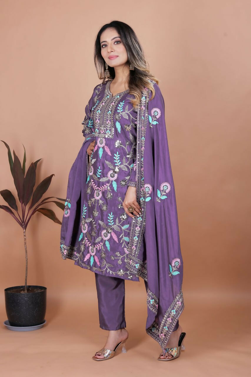Joban Fashion Purple Silk Embroidered Kurti Set - Distacart