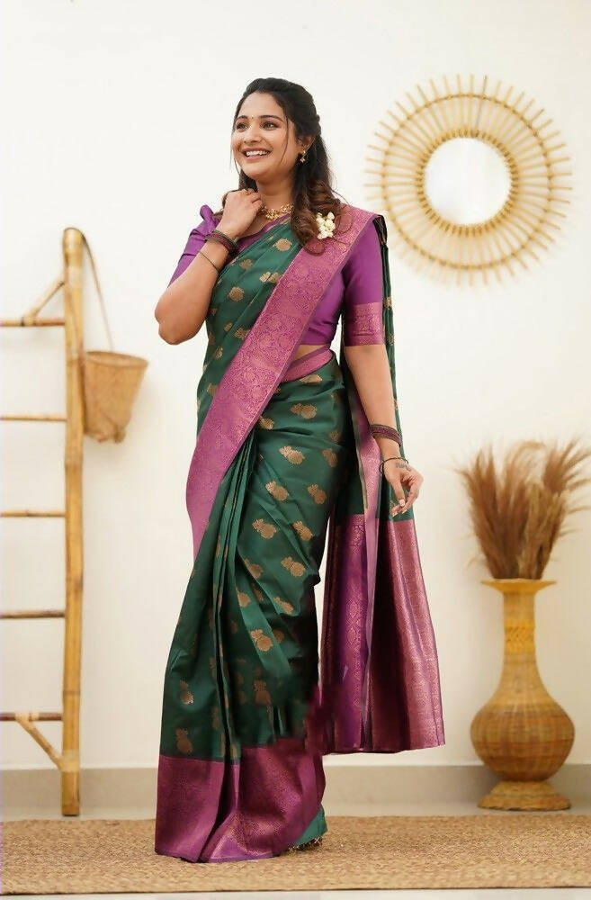 DEIANA'S Beautiful Designer Golden zari Soft Lichi Silk Saree - Teal